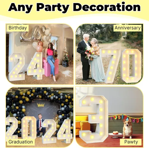 Miniatura 7 de Marquesina grande de número 0 blanca con luces y marco de mosaico, letra 0 para decoración de fiesta de cumpleaños, cartón precortado, tablero