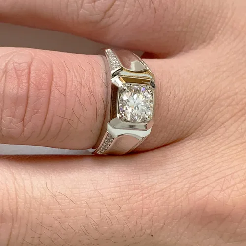 Miniatura 5 de SweetJew Anillo de boda de moissanita para hombre, plata de ley 925, 2cttw D, color VVS1, claridad brillante, corte redondo, anillos de promesa