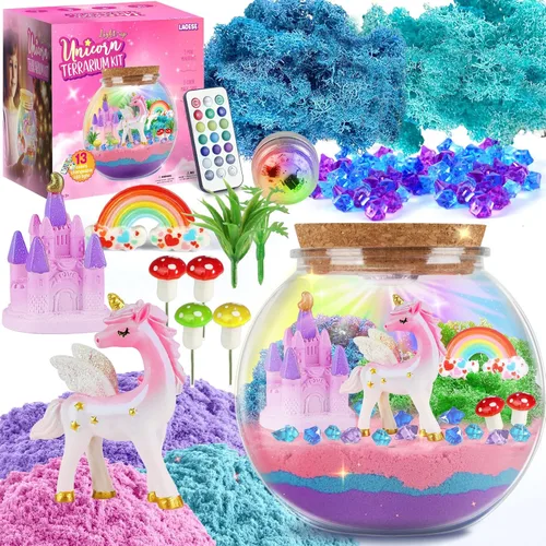 LAOESE Regalos de unicornio para niñas - Kit de terrario iluminado para niños - Juguetes de unicornio DIY para niñas de 4, 5, 6, 7, 8-12 años, kit