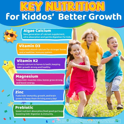 Miniatura 5 de Gomitas de calcio para niños + vitamina D3 K2, magnesio, zinc, suplemento de calcio de algas de absorción extra para niños, suave para estómago