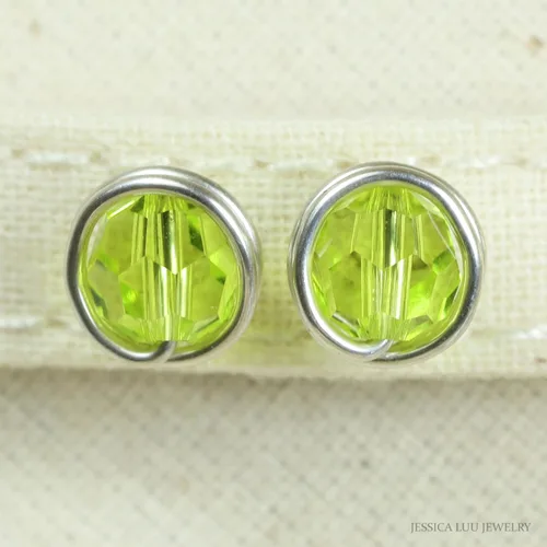 Miniatura 2 de Jessica Luu Jewelry Chartreuse Green Stud Earrings Sterling Silver or Gold Wire Wrapped Citrus Crystal Handmade