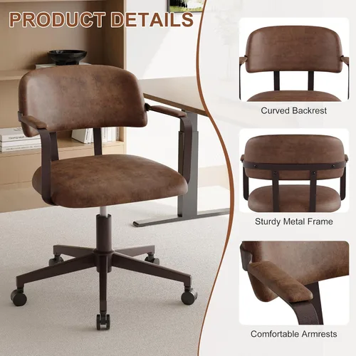Miniatura 3 de BFZ Silla de escritorio retro de mediados de siglo para oficina en casa con respaldo, piel sintética, altura ajustable, giratoria, reposabrazos