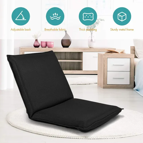 Miniatura 4 de GOFLAME Silla de suelo ajustable, sofá plegable acolchado de 6 posiciones, soporte de respaldo acolchado, sofá perezoso para leer juegos de Negro