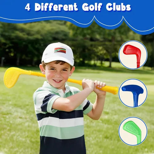 Miniatura 5 de SUPER JOY Juego de golf para niños pequeños, carrito de golf para niños con 4 palos y 8 pelotas, palos de golf para interiores y exteriores, palos