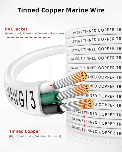 Miniatura 2 de NAOEVO Cable marino de calibre 14, cable eléctrico marino triplex 14/3, resistente al agua/aislado de PVC/cobre estañado sin oxígeno, cable de 14
