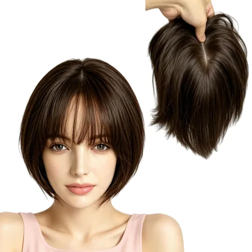 Miniatura 19 de Peluca de cabello humano para mujer con flequillo, peluca con clip para cabello fino + base de cuero cabelludo de poliuretano de alta densidad