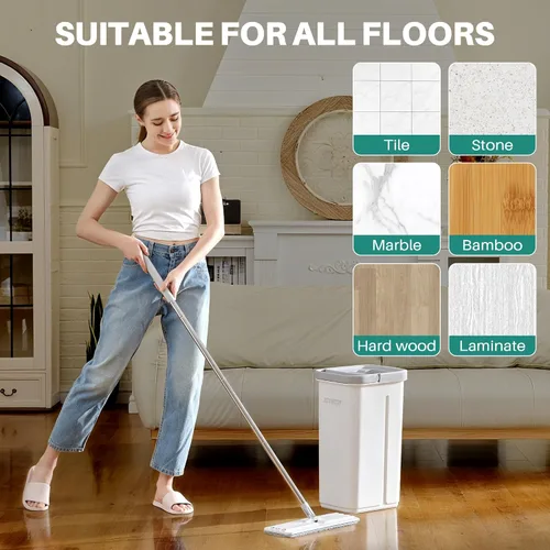 Miniatura 7 de JOYMOOP Sistema de trapeador plano y cubo de microfibra, trapeadores para limpieza de suelos y limpiador de paredes, madera dura, azulejos, Blanco