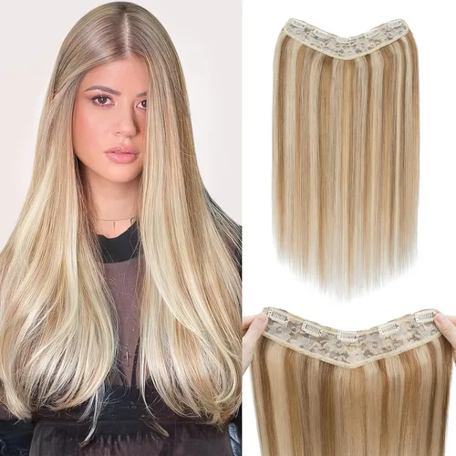 Miniatura 12 de Benehair Extensiones de cabello humano real de una pieza con clip, 3/4, cabeza completa, en forma de V, trama más gruesa, malla de encaje, Negro