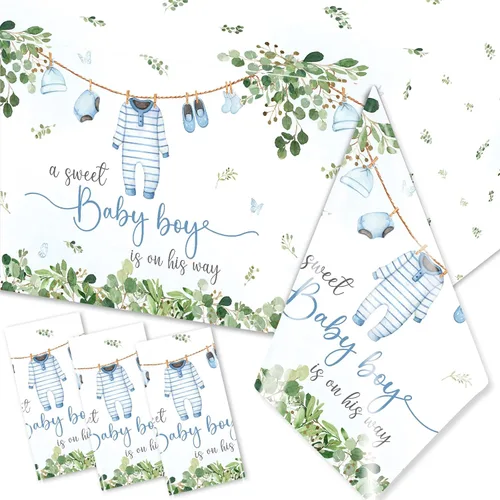Paquete de 3 manteles decorativos para baby shower, acuarela Greenery A Sweet Baby Boy Is On The Way Baby Shower, mantel impermeable para baby