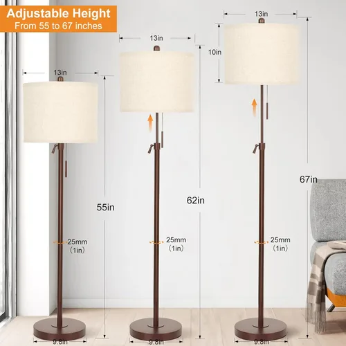 Miniatura 2 de Qingmiao Lámpara de pie de metal marrón para sala de estar, lámpara de pie de altura ajustable, luz de poste para dormitorio, con pantalla de lino