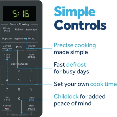 Miniatura 5 de Horno microondas de GE para encimera, capacidad de 1,150 vatios, 1.6 pies cúbicos, 8 ajustes de cocción automáticos, tecnología de bloqueo