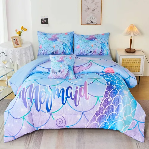 Miniatura 17 de RYNGHIPY Juego de ropa de cama tamaño matrimonial de sirena para niñas, colorido arco iris, juego de edredón con sábanas suaves y ligeras, 6 piezas