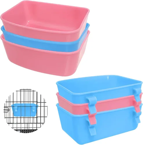 Paquete de 6 comederos (azul, rosa), comedero colgante, recipiente de alimentos y agua, cuenco de agua de baño universal para pájaros, hámsters,
