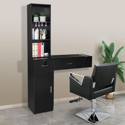 Miniatura 8 de OmySalon Estaciones de peluquería de montaje en pared, estaciones de salón para estilistas, juego de equipos de peinado con un gabinete de Negro