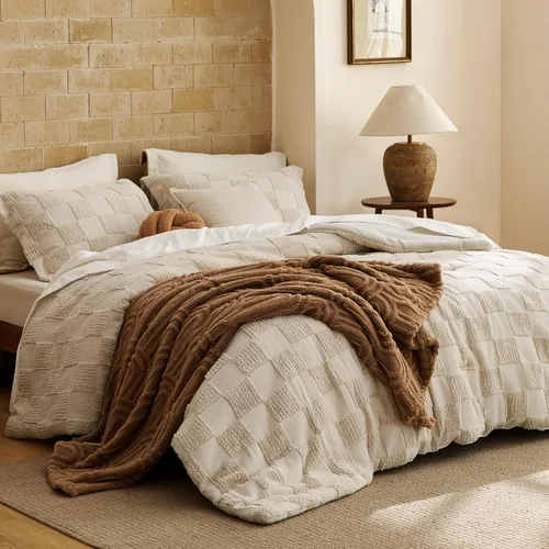 Miniatura 2 de Bedsure Juego de Edredón Tamaño Queen Beige, Juego de Cama Boho con Mechones, Ropa de Cama a Cuadros Estilo Granja Shabby Chic, 3 Piezas, 1 Edredón