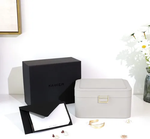 Miniatura 5 de KAMIER Organizador de joyas caja organizadora de joyas de 2 capas para aretes pulseras anillos collares cuero de lujo y forro de terciopelo suave