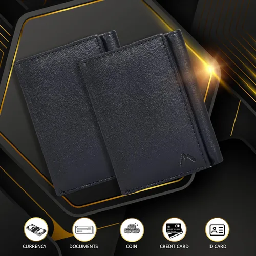 Miniatura 38 de Cartera de cuero RFID hecha a mano para hombres, elegante cartera de bolsillo frontal triple con 2 ranuras para identificación y 9 tarjetas, Negro