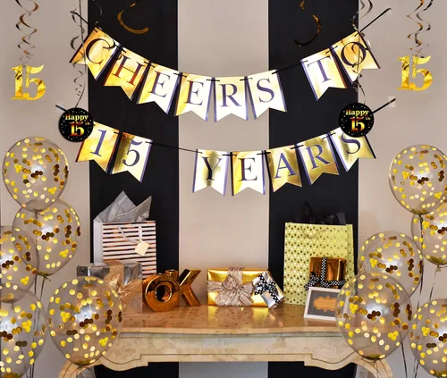 Miniatura 3 de Paquete de decoración para fiesta de 15 cumpleaños y aniversarios – Banner, Globos, remolinos y confeti suministros para fiesta