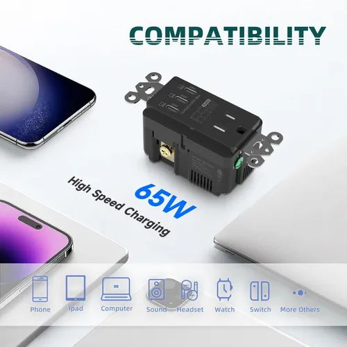 Miniatura 4 de TOPELER Tomacorriente USB de pared negra, tomacorriente USB de carga ultrarrápida GaN de 65W para laptop, receptáculo resistente a manipulaciones