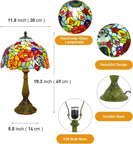 Miniatura 4 de Tiffany - Lámpara de mesa estilo rosas multicolor, lámpara de mesa con vitrales de 12 pulgadas de alto de 19 pulgadas, mesita de noche, mesita