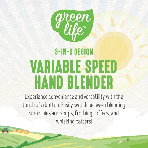 Miniatura 4 de GreenLife Batidora de mano eléctrica de inmersión de 500 vatios con cuchillas de acero inoxidable, batidor, espumador, taza y tapa medidora, sopas