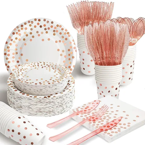 Miniatura 8 de AIRE 175 piezas platos de oro rosa suministros de fiesta sirve para 25 invitados decoraciones de fiesta desechables, tenedores cuchillos cucharas