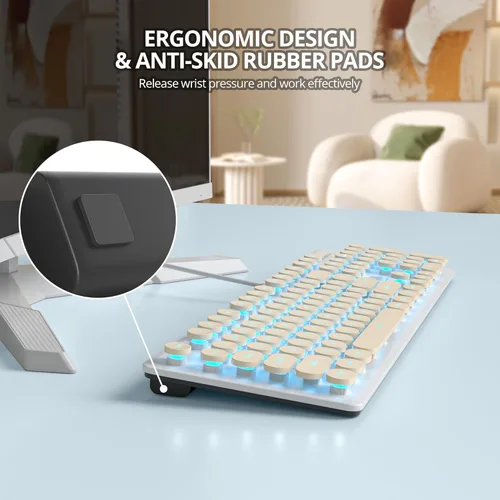 Miniatura 4 de Teclado de máquina de escribir retro con cable, teclado silencioso de computadora iluminado con 104 teclas redondas de tamaño completo, Azul
