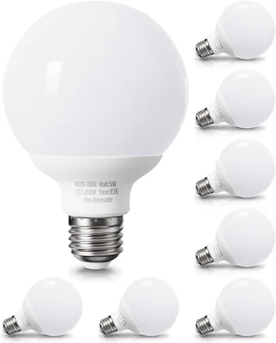 Miniatura 9 de Paquete de 8 bombillas LED de color blanco cálido para baño, equivalente a 120 V 60 vatios, base media E26, bombillas redondas de tocador, bombillas