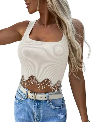 Miniatura 4 de LYANER Camiseta sin mangas con flecos de diamantes de imitación para mujer, cuello cuadrado, sin mangas