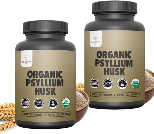 Cápsulas orgánicas de cáscara de psyllium de 750 mg, suplemento de fibra natural para la salud intestinal* - Alternativa al polvo de cáscara de
