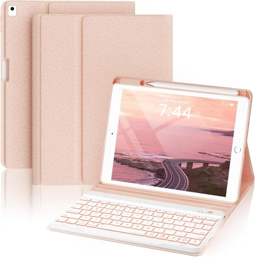 Miniatura 23 de OYEEICE Funda de teclado para iPad 6ª/5ª generación de 9.7 pulgadas, teclado inalámbrico desmontable retroiluminado de 7 colores, cubierta magnética
