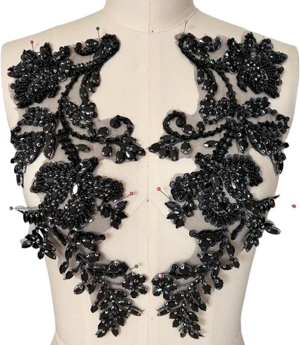Miniatura 13 de Apliques de cuentas y diamantes de imitación hechos a mano para coser en parche de encaje de cristal, 1 par para ropa de bricolaje, vestido de Plata