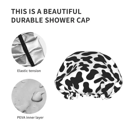 Miniatura 5 de Gorro de ducha de granja de animales abstractos de piel de vaca en blanco y negro para mujer, doble capa impermeable ajustable, gorra de baño