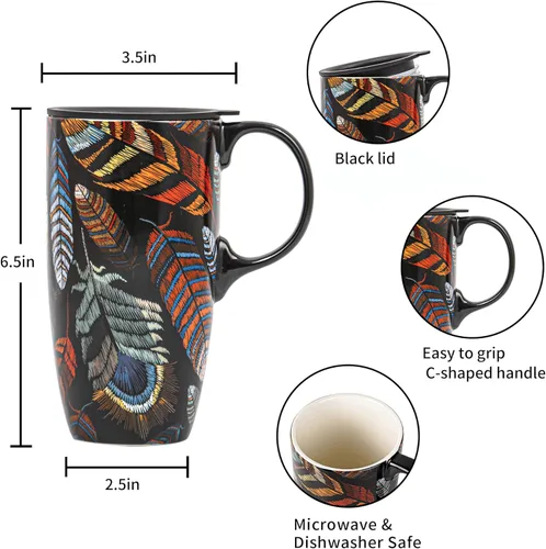 Miniatura 2 de Topadorn - Taza de viaje de cerámica de 17 onzas con tapa, taza de café de plumas boho con asa, taza grande de viaje de cerámica, apta