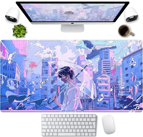 Alfombrilla de escritorio Anime Kawaii Mousepad Linda Japonesa Alfombrilla de mouse grande para juegos XXL, Alfombrilla de teclado de laptop Azul