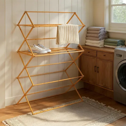 Miniatura 7 de Household Essentials Estante plegable de secado de ropa de bambú de gran tamaño, estante de lavandería de lujo con 11 clavijas, respetuoso