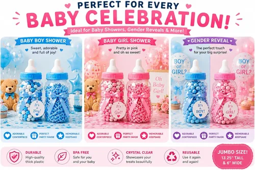 Miniatura 6 de Evershine Banco de biberones de plástico, banco de ducha de bebé rellenable azul de 13 pulgadas, centro de mesa de botella de plástico Jumbo Baby