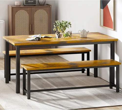 Elegante juego de mesa de comedor de 3 piezas de 43.3 pulgadas para 4 personas con banco, diseño compacto que ahorra espacio, duradera y fácil de