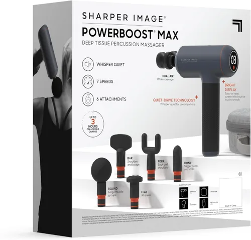 Miniatura 9 de Sharper Image Pistola de masaje de percusión de tejido profundo, masajeador de mano recargable Powerboost Max, 7 velocidades ajustables, 6 cabezales