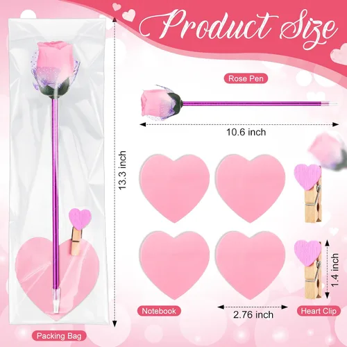 Miniatura 2 de Yexiya 48 juegos de bolígrafos de rosas para el día de San Valentín, regalos a granel con notas adhesivas, clips de corazón, bolsas de regalo