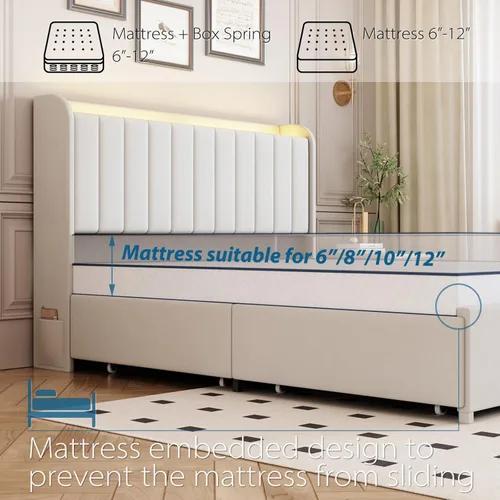 Miniatura 6 de Marco de cama completa con 4 cajones y cabecera de almacenamiento, marco de cama de plataforma tapizada tamaño completo con luces LED y práctica
