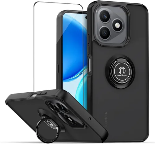 QUIETIP Funda para Honor X8d con protector de pantalla, anillo magnético para soporte de coche de silicona translúcida, color negro