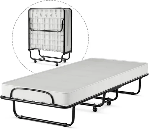 Miniatura 10 de HAPPYGRILL Cama enrollable, cama plegable con colchón de espuma viscoelástica de 5 pulgadas, marco de acero resistente, 4 ruedas universales, cama