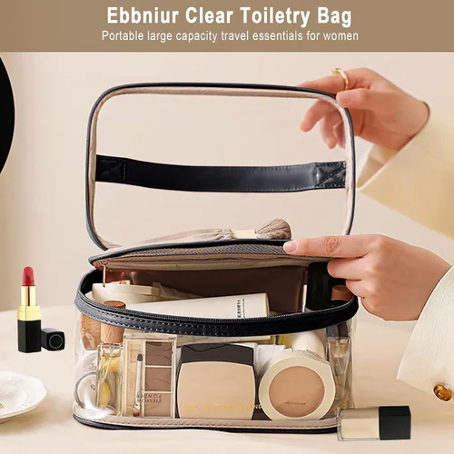 Miniatura 5 de Bolsa de aseo transparente, organizador de artículos de aseo de viaje transparente, gran apertura, bonita bolsa de maquillaje de viaje, artículos