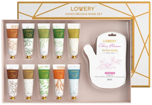 LOVERY Set de regalo de crema de manos y máscara de manos, 10 lociones perfumadas hidratantes para manos y 5 máscaras de manos de acondicionamiento