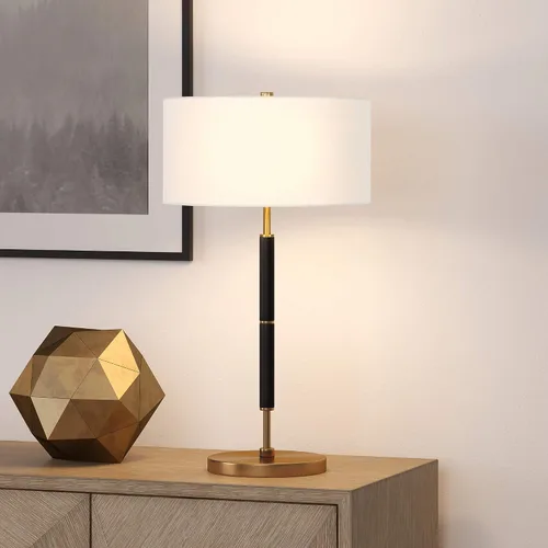 Miniatura 12 de Simone - Lámpara de mesa de 25 pulgadas de alto con 2 bombillas y pantalla de tela en negro/latón/blanco
