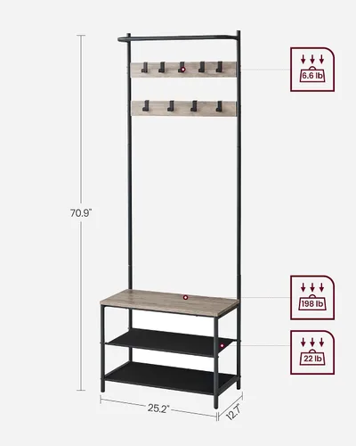 Miniatura 6 de VASAGLE Árbol de pasillo con banco y almacenamiento de zapatos, banco de entrada con perchero y zapatero, 9 ganchos móviles, barra superior