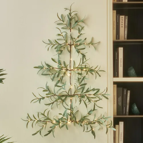 Fudios Árbol de Navidad de pared de olivo con luces, 140 LED, 3.5 pies, guirnalda de ramas verdes preiluminadas con temporizador para ventana del