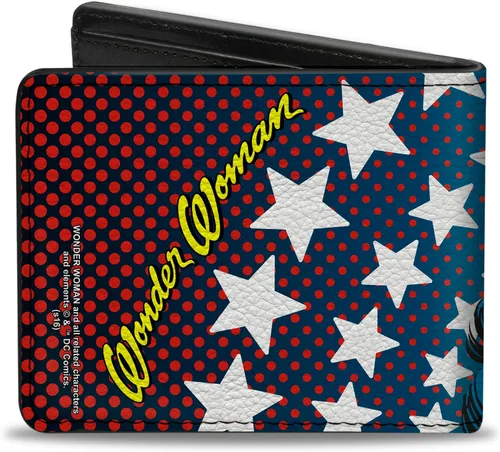 Miniatura 2 de Buckle-Down Billetera plegable de PU para hombre, diseño de estrellas y cara de la mujer maravilla, azul, rojo, amarillo, blanco, multicolor, 4.0 x