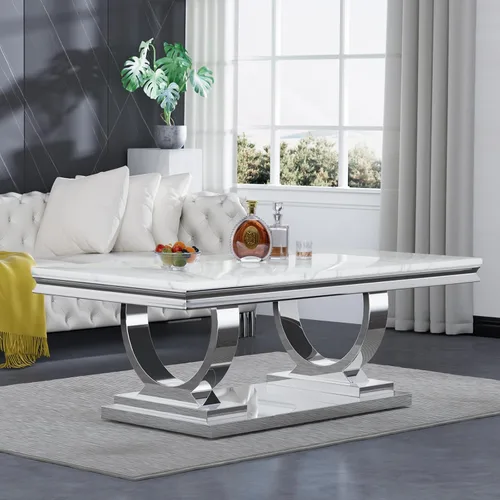 Miniatura 9 de Mesa auxiliar moderna de mármol sintético, mesa auxiliar de mármol sintético con marco geométrico, mesa central rectangular de mármol, mesa de té